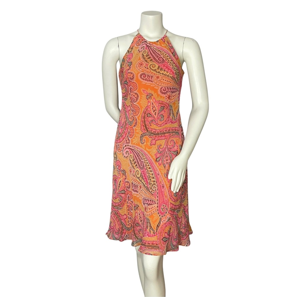 Y2K Silk Slip Dress Ann Taylor Paisley Orange Pink Vintage Size 6 Petite Keyhole